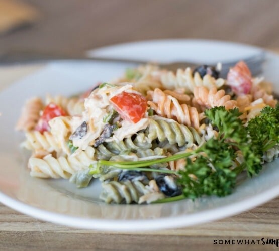 a tri-colored pasta salad made with Italian dressing