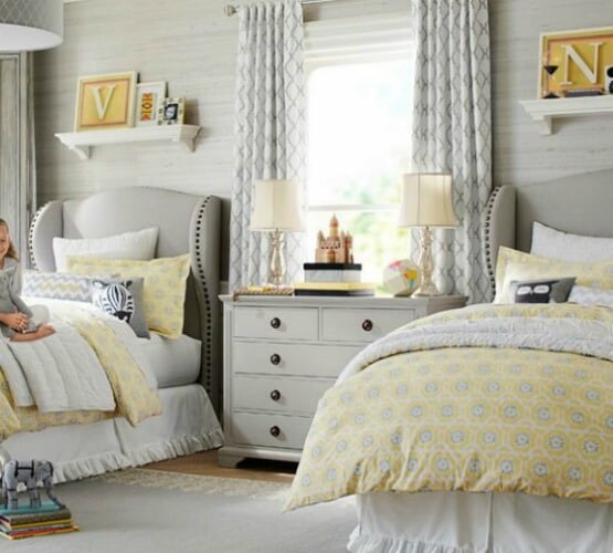 gray and yellow bedding