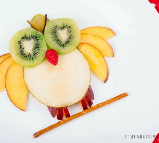 a bird made with slices of apples, kiwi, grapes and a pretzel is a fun Snack for Kids