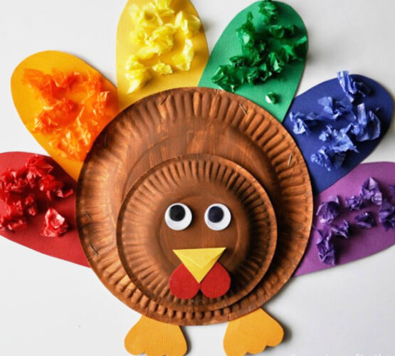 Cute Turkey Craft for Kids where they match squares of colored paper to the coordinating color of feather on a turkey