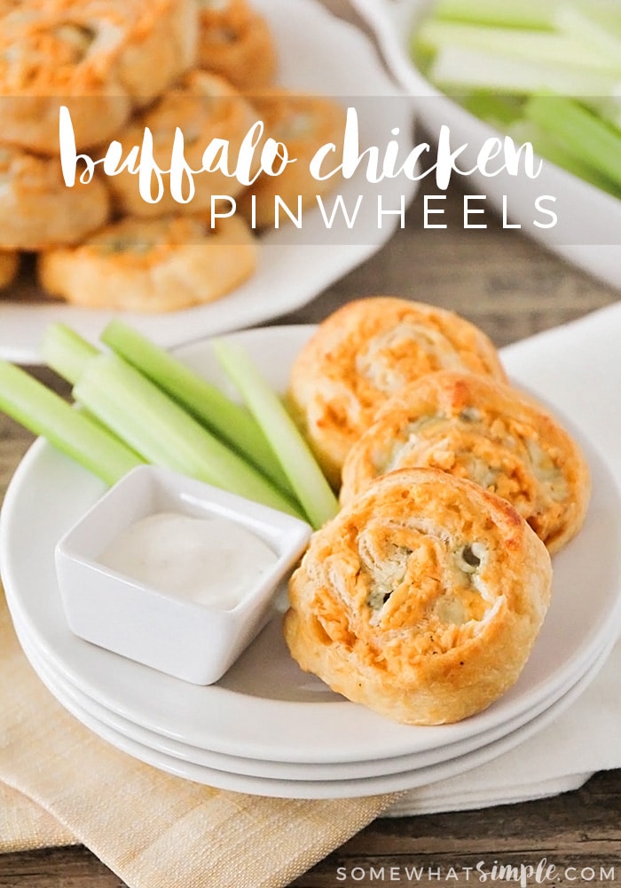 These savory buffalo chicken pinwheels are easy to make and they taste delicious! They're perfect for entertaining, and they make the best game-day appetizer! via @somewhatsimple