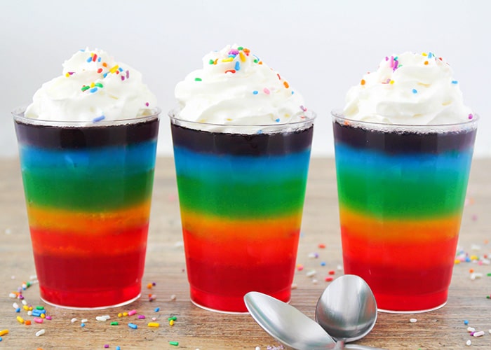 Rainbow Jell-o Cups Layered Dessert for a Unicorn Party!