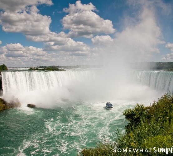 overlooking Niagara Falls from the Canadian side with a boat close to the falls