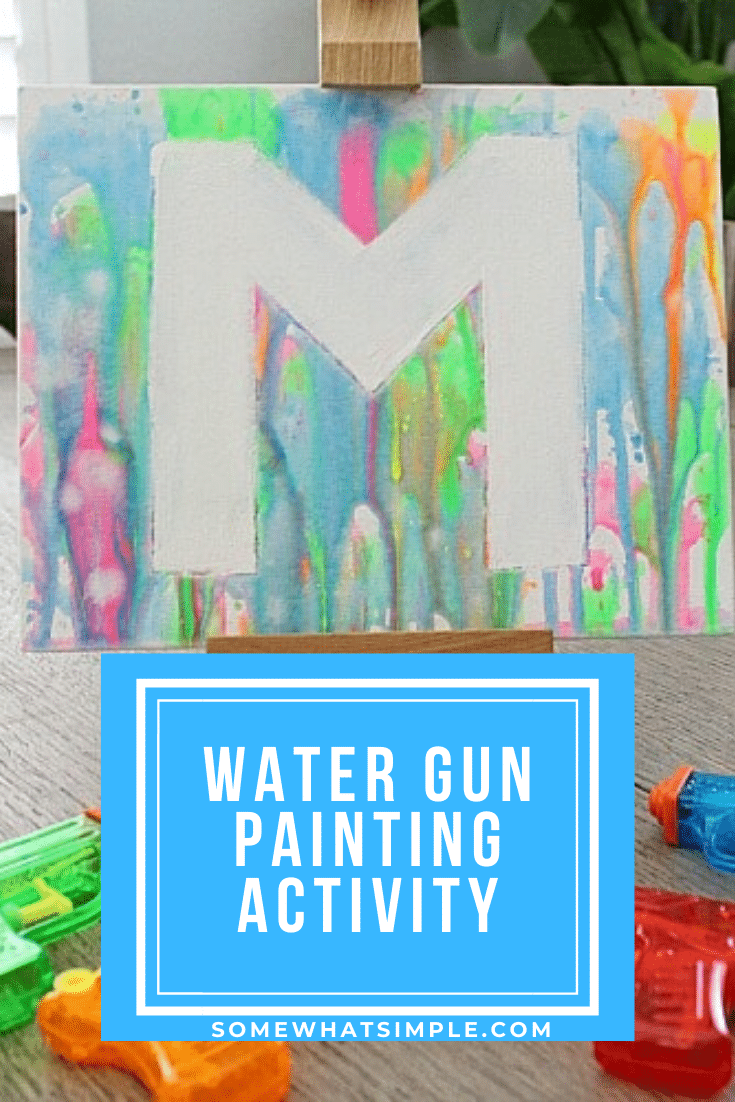 If you're looking for some fun, inexpensive art projects for kids this summer, add painting with water guns to your list! This will keep your kids busy and doing something creative with their time. #watergunpainting #funkidsactivity #paintingactivity #artproject #funprojectforkids via @somewhatsimple