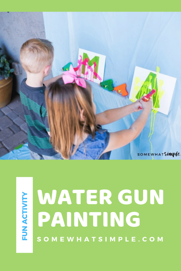 If you're looking for some fun, inexpensive art projects for kids this summer, add painting with water guns to your list! This will keep your kids busy and doing something creative with their time. #watergunpainting #funkidsactivity #paintingactivity #artproject #funprojectforkids via @somewhatsimple