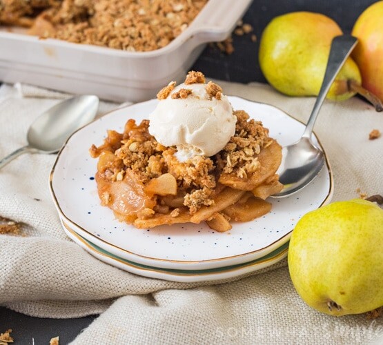 This apple crumble is the perfect dessert for the cooler Fall nights. Crunchy, sweet and filled with crisp apples and sweet pears, it's just perfect served with ice cream or custard!