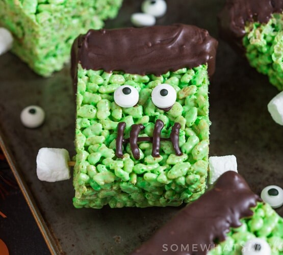 a Green Frankenstein Rice Krispies Treat For Halloween