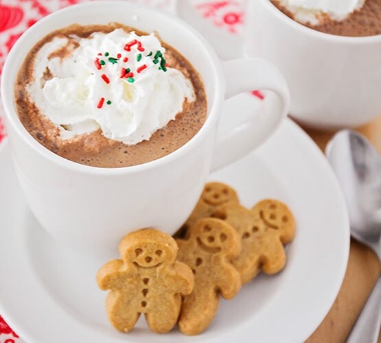 a glass mug filled with gingerbread hot chocolate topped with whipped cream