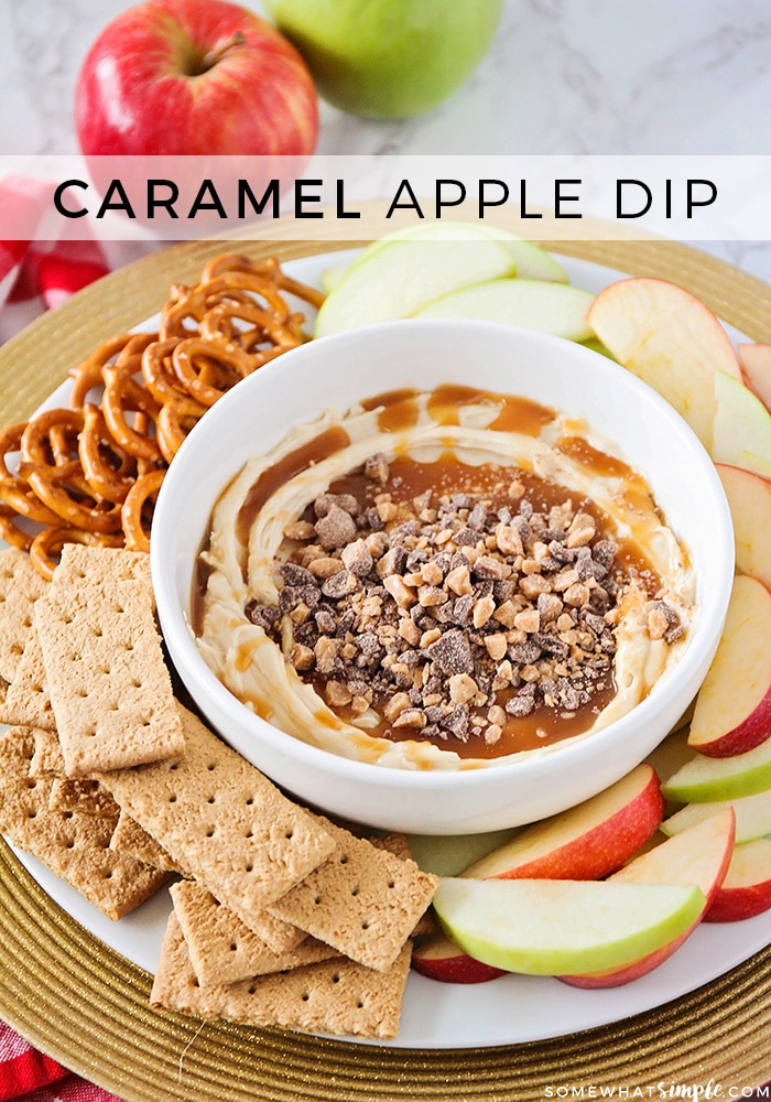 This sweet and delicious caramel apple dip has only 4 ingredients, and it is delicious with fresh apple slices! If you're looking for an easy fall dessert, this caramel apple dip recipe is PERFECT! #caramelappledip #creamcheesecarameldip #appledip #caramelapplediprecipe via @somewhatsimple