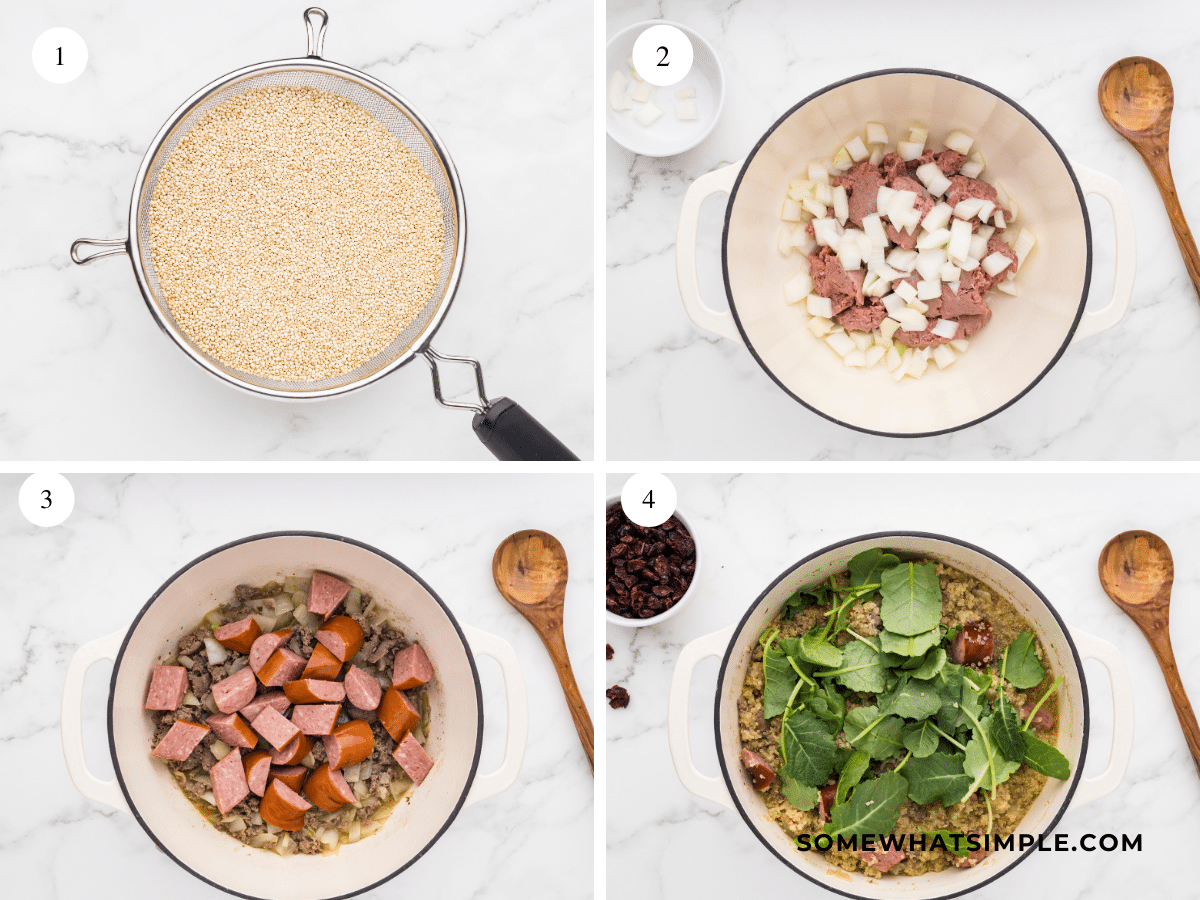 Sausage and Kale Quinoa instructions on a 4x4 grid