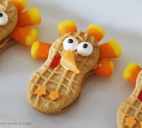 nutter butter turkey cookies on a serving tray