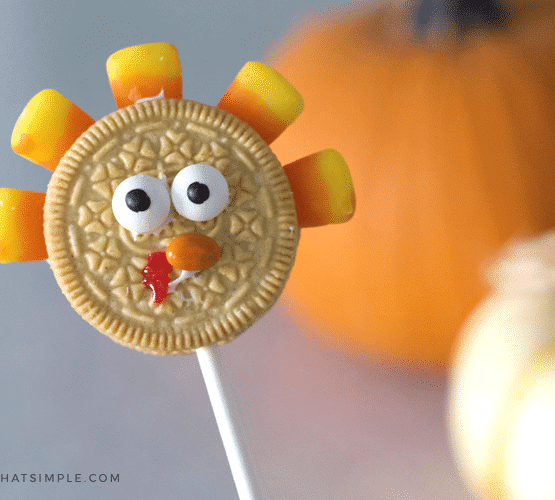 an Oreo cookie decorated to look like a turkey