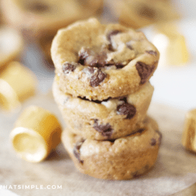 plated stack of rolo cookies on a wood cutting board