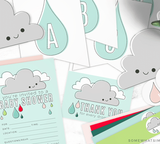 baby shower invitations, thank you notes and other decorations that are included in this baby shower printable pack