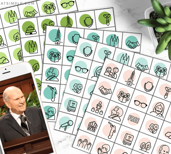 lds general conference bingo sheets from this free printable pack are layed out on a counter