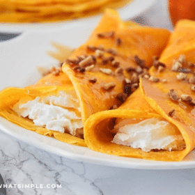 close up of Pumpkin Cheesecake Crepes