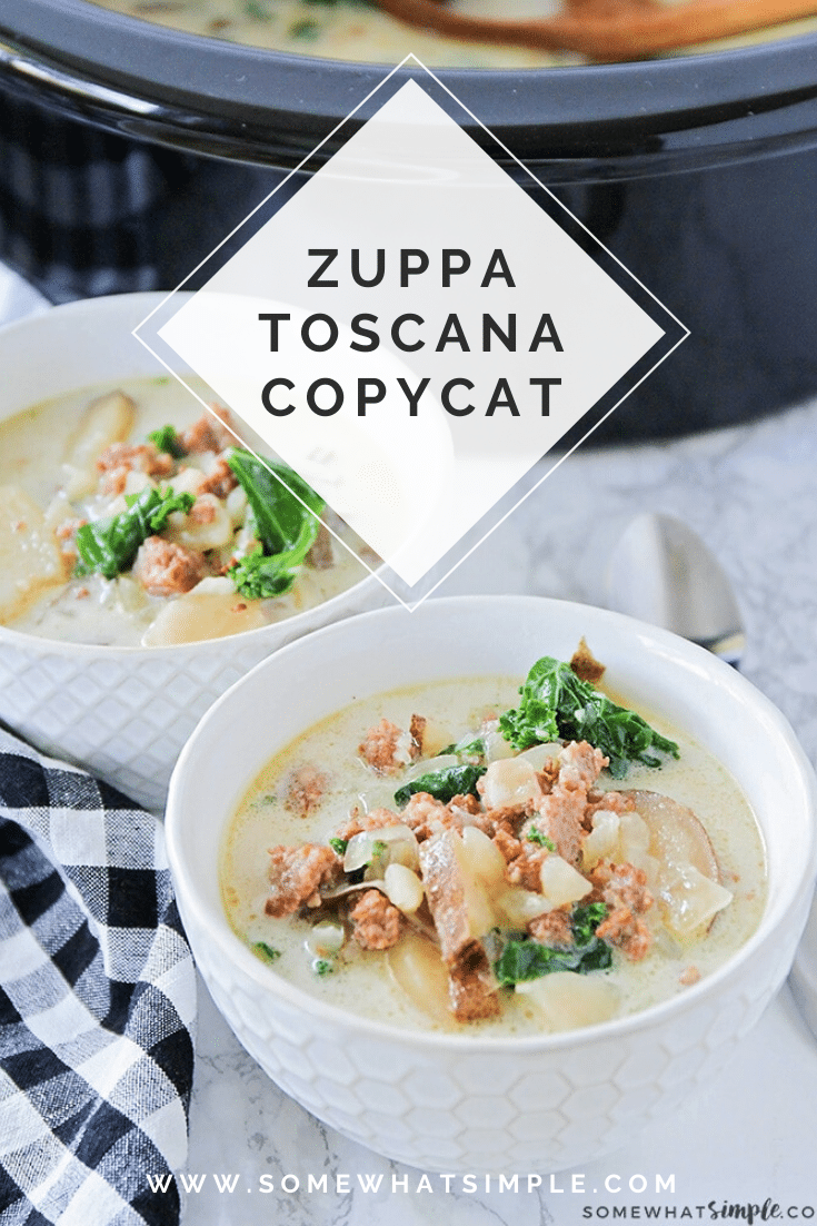 This easy Zuppa Toscana copycat recipe will let you enjoy the flavors of the Olive Garden from the comfort of your own home! Made with fresh vegetables and sausage, this soup is unbelievably delicious! Place everything in the crock pot and then relax until dinner is ready! #olivegardenzuppatoscanacopycatrecipe #zuppatoscanasoup #zuppatoscanasouprecipe #crockpotzuppatoscanasouprecipe #olivegardenzuppatoscanasouprecipe via @somewhatsimple