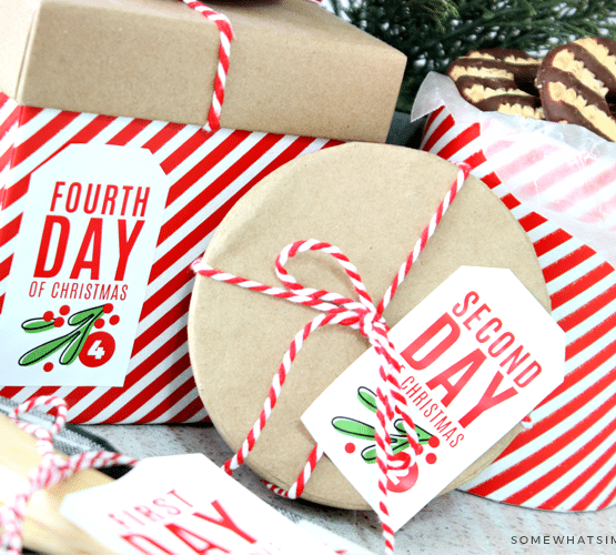 Free 12 Days of Christmas Gift Tags shown on red and white packages under the tree