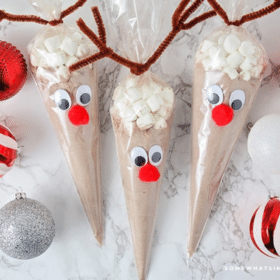 reindeer hot cocoa bags laying on a counter