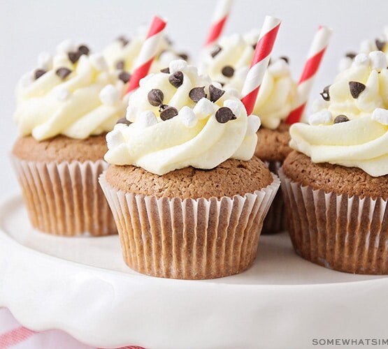 a tray of hot chocolate cupcakes