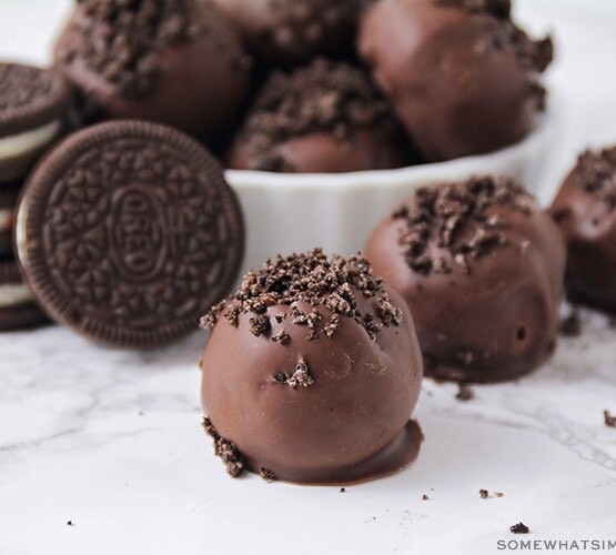 Oreo cookie truffles on a counter