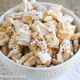 Sugar Cookie Chex Mix in a white bowl