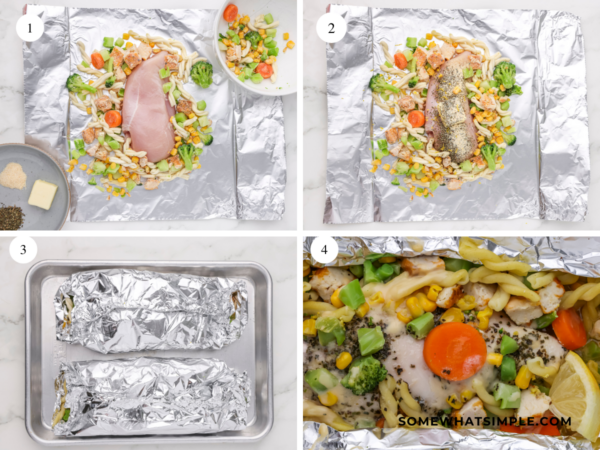 pictured collage of how to make Lemon Chicken Foil Dinner