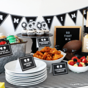 styled shot of a tailgate party spread with black and white printables