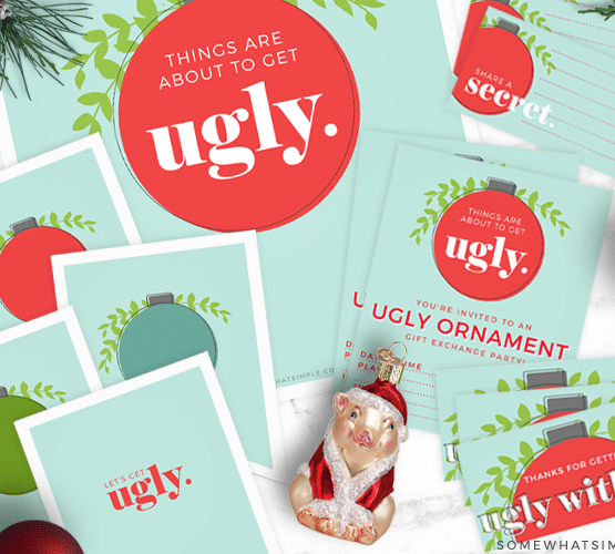 invitations, party favors and decor for an ugly ornament exchange party