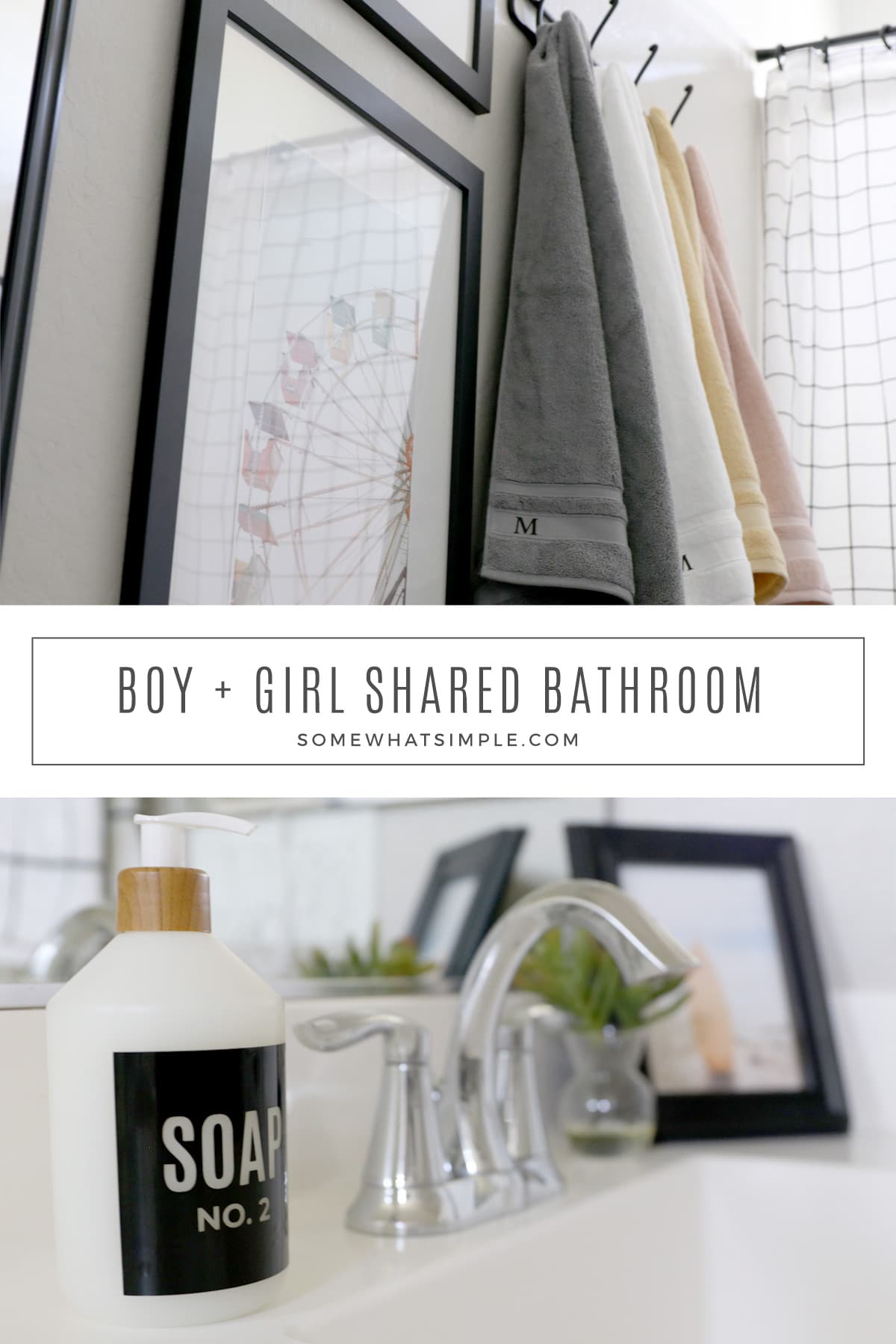 Sweet Shared Girls Bathroom with Black Plaid Hand Towels - Transitional -  Bathroom