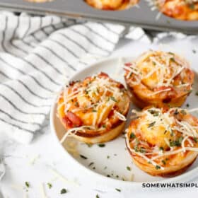 close up of 3 pizza cupcakes on a white plate