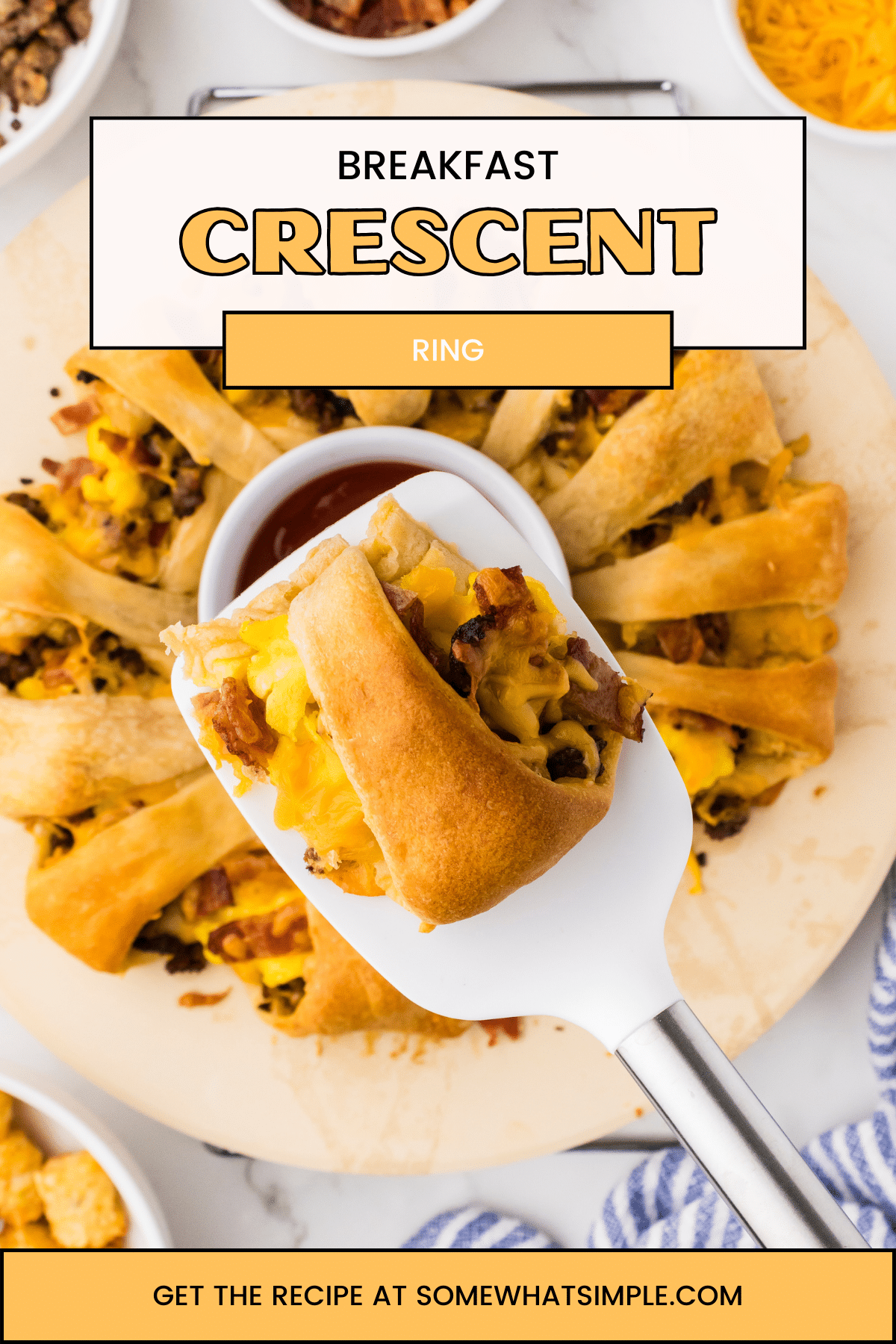 This breakfast crescent ring is a fun way to serve an impressive and hearty breakfast that includes everyone's favorite breakfast foods all in a single slice. A crescent dough ring filled with eggs, sausage, bacon, cheese, and tater tots is baked until warm, gooey, and golden! via @somewhatsimple