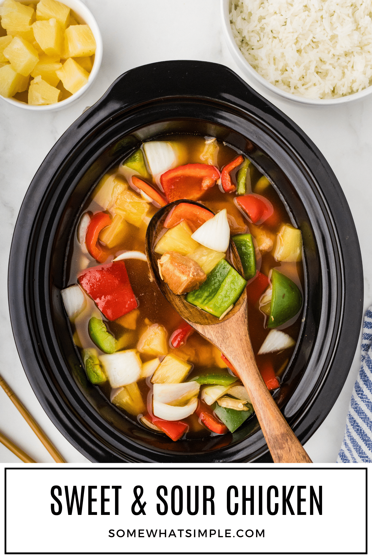 Crock Pot Sweet and Sour Chicken recipe will rival the flavor and freshness of your favorite takeout restaurant any day of the week! via @somewhatsimple