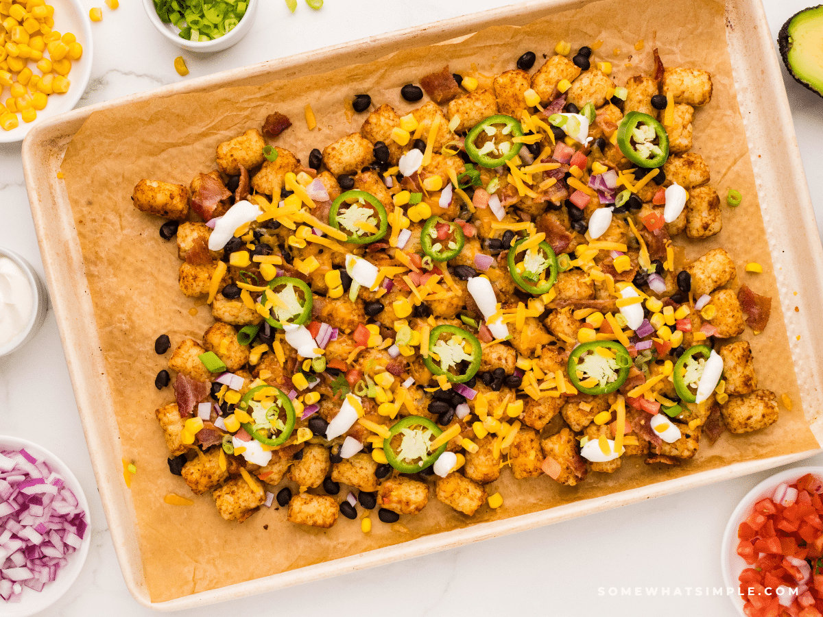 Tatchos plated on a bakind dish