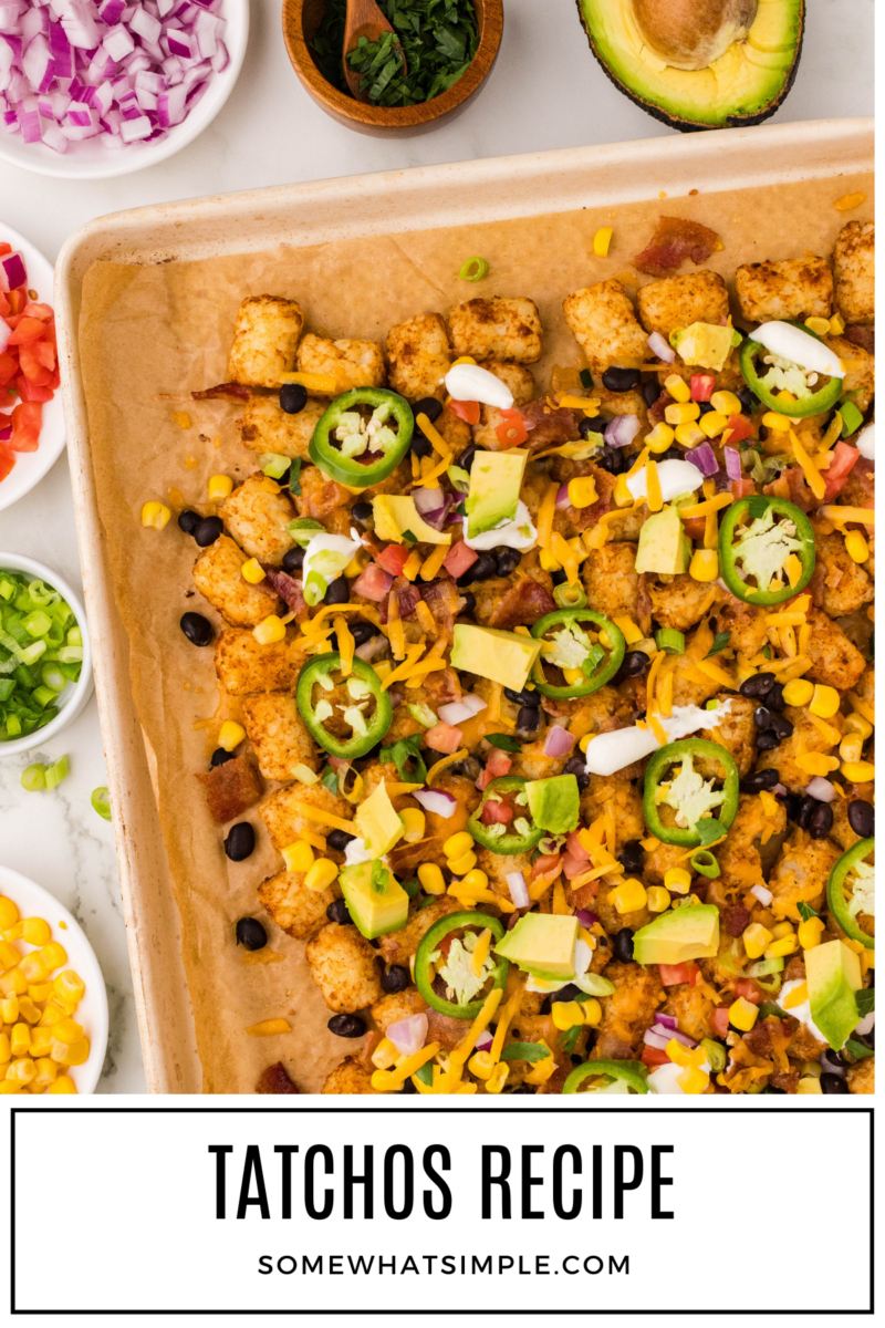 long image of Tatchos with topping around the tray