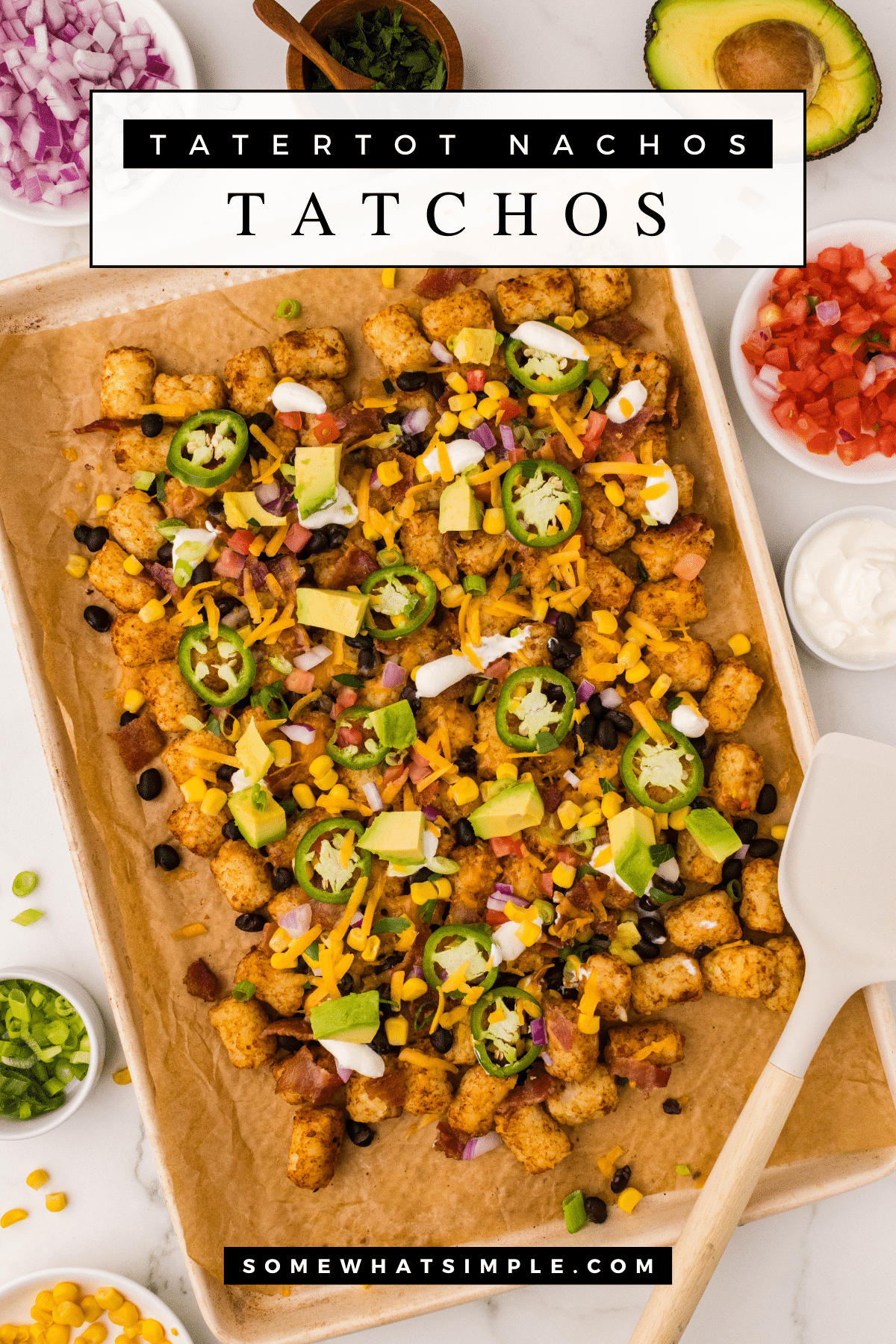 Take your tater tots to the next level! Tatchos are a crowd-pleasing, cheesy, crispy snack, appetizer, or simple weeknight dinner. via @somewhatsimple